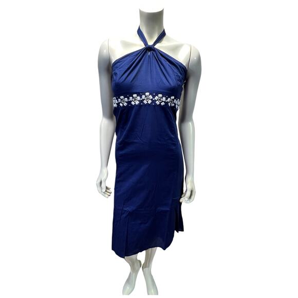 Ann Taylor LOFT Blue Halter Dress, White Beaded Belt Accent, Size 12 - Picture 2 of 11